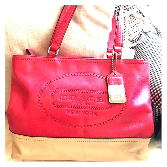 Coach Handbags - Coach hot pink and cream Leather Shoulder Bag